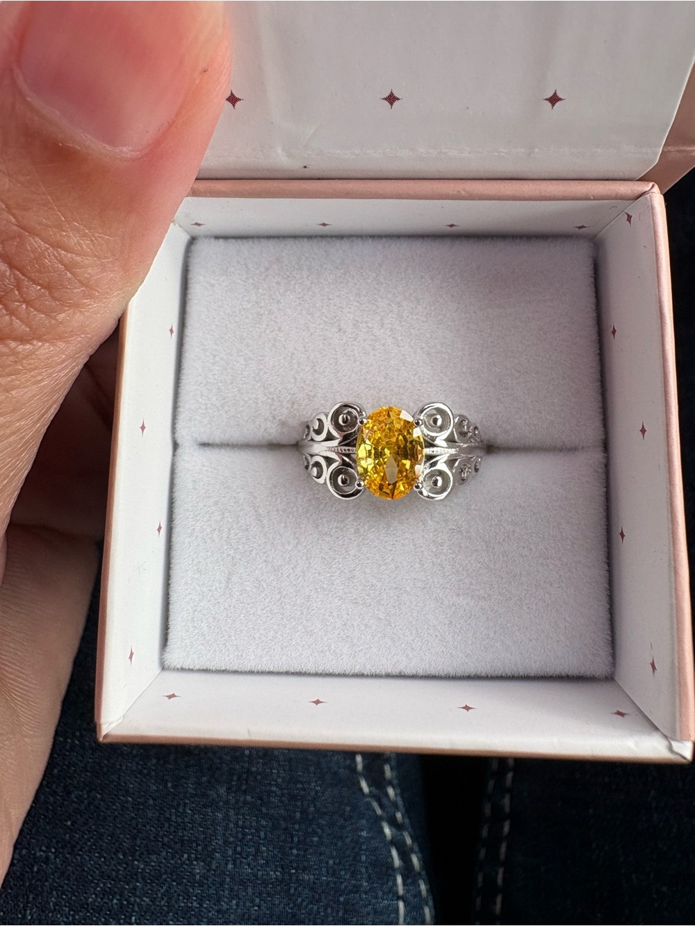 Women's Yellow Oval Gemstone Ring with Ornate Silver Filigree